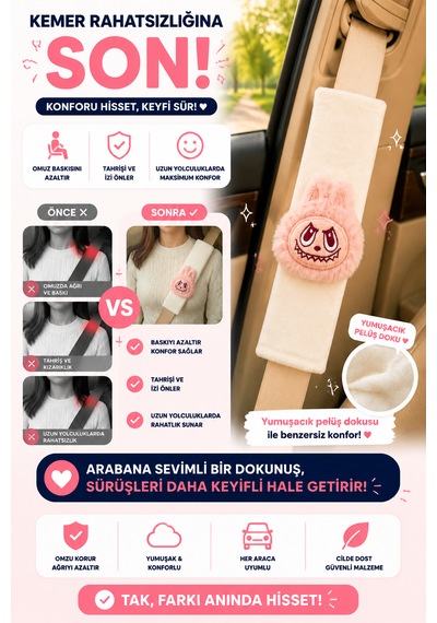 Bunny Açık Pembe Emniyet Kemeri Aksesuarı - Emniyet Kemeri Kılıfı-araç Emniyet Kemeri Omuz Koruyucu 1 Adet