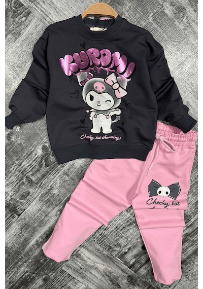 Turuncu Gardrop 3-10 Yaş Kuromi Yaldız Baskılı Kız Çocuk Takım Pembe Pembe