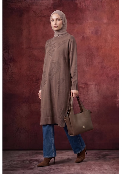 Armine Trend Yaprak Desenli Bisiklet Yaka Uzun Kollu Fitilli Detaylı Tunik Mocha 26ktd408