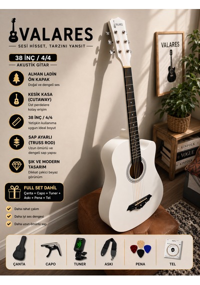 Valares 38c Kesik Kasa Beyaz Akustik Gitar 38 İnç 4/4 Yetişkin Üst Segment Çanta Capo Askı Pena
