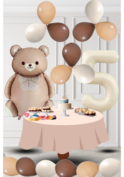 5 Yaş Retro Folyo Karamel Ayıcık Kahverengi Ten Kum Beji Balon Krem Rakam Doğum Günü Süsleme Kahverengi