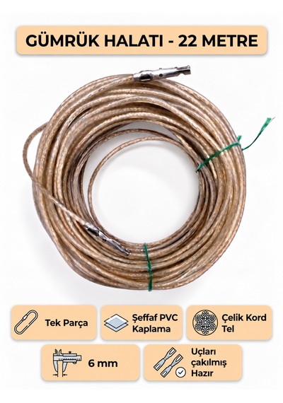 Tır Dorse Kamyon Konteyner Gümrük Halatı Galvanizli Çelik Tel 22 Metre 6mm