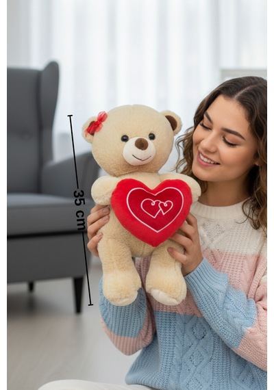 Kırmızı Tokalı Sevimli Yumuşacık 35 Cm Kalpli Peluş Ayıcık Uyku Arkadaşı Hediyelik Çok Renkli