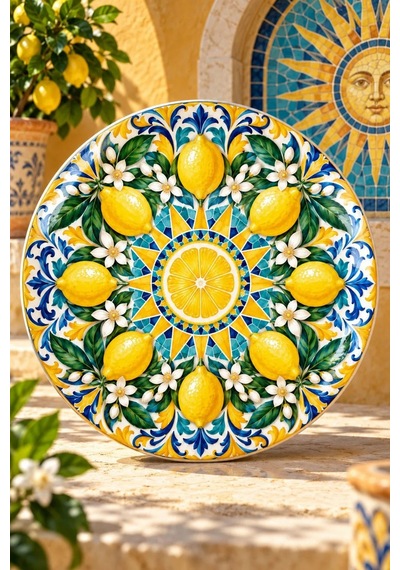 Dekoratif Duvar Tabağı Limonlu Akdeniz Desenleri Dekorlu Seramik Tabak Mor