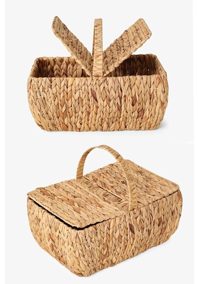 El Yapımı Su Sümbülü Kapaklı Büyük Boy Hasır Örme Piknik Sepeti Dikdörtgen - 46x30cm - 20-36cm