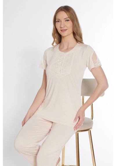 Kısa Kol Klasik Zakkum Pijama Takımı Dantel Detaylı Flz 88-114 Bej