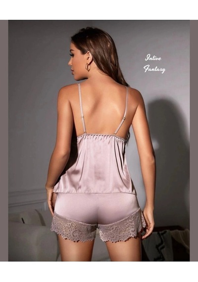 Visatin Soğuk Bej Dantel Detaylı V Yaka Saten Şortlu Takım Nude Luxury Koleksiyonu