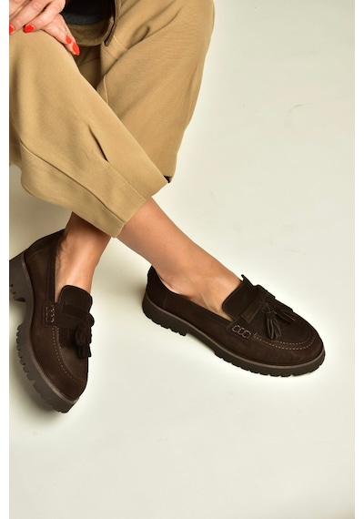 Fox Shoes Z944014461 Kahverengi Süet Kalın Tabanlı Püsküllü Loafer Ayakkabı