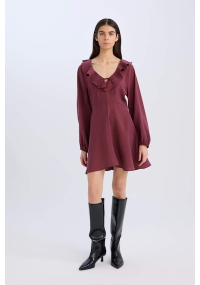 DeFacto V Yaka Basic Düz Modal Uzun Kollu Mini Elbise E4213AX24WNBR98 Bordo