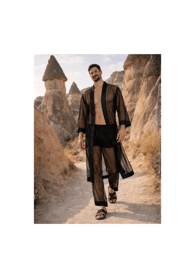 Qmen Style Erkek Kimono Takımı - 3 Lü File Set Bornoz + Pantolon + Şort Siyah