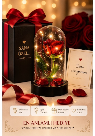 Led Işıklı Cam Fanus Solmayan Gül Sevgiliye Romantik Özel Gün Hediyesi Dekoratif Gece Lambası