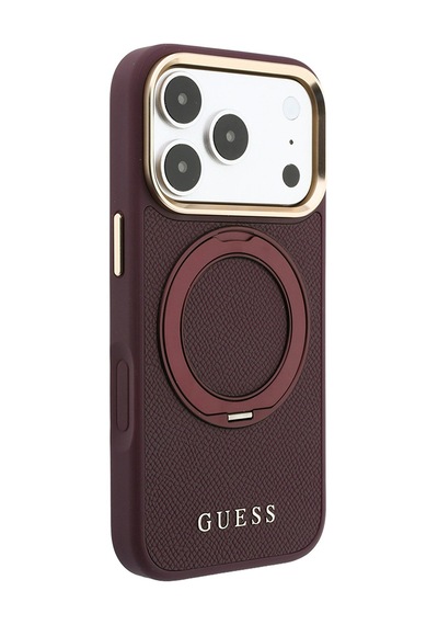 Apple iPhone Uyumlu 18 Pro Max Kılıf Guess Lisanslı M-safeli 360 Standlı Pu Metal Yazı Logolu Kapak Bordo