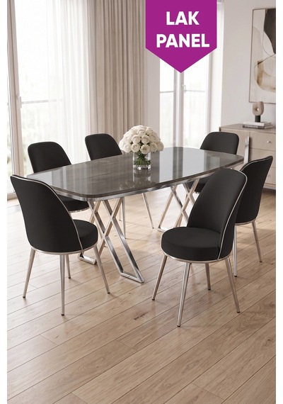 Peras Serisi 90x160 Lak Panel Antrasit İroni Krom Ayaklı Masa Takımı 6 Sandalye Antrasit İroni Masa Siyah Sandalye Peras Serisi 90x160 Lak Panel Antrasit İroni Krom Ayaklı Masa Takımı 6 Sandalye Antrasit İroni Masa Siyah Sandalye