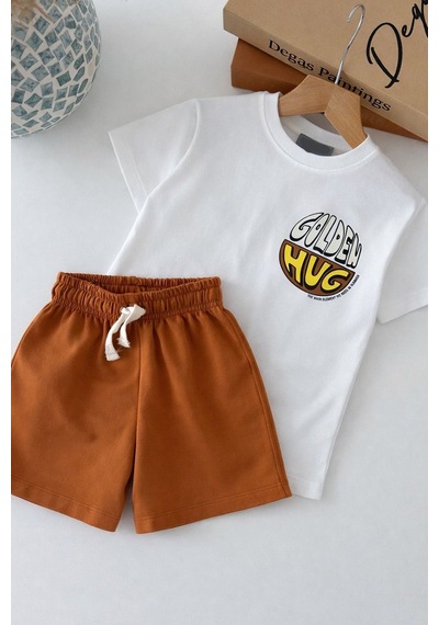 Monila Erkek Çocuk Pamuklu Ekru Baskılı T-shirt Ve Tarçın Şort Takım Ekru/tarçın