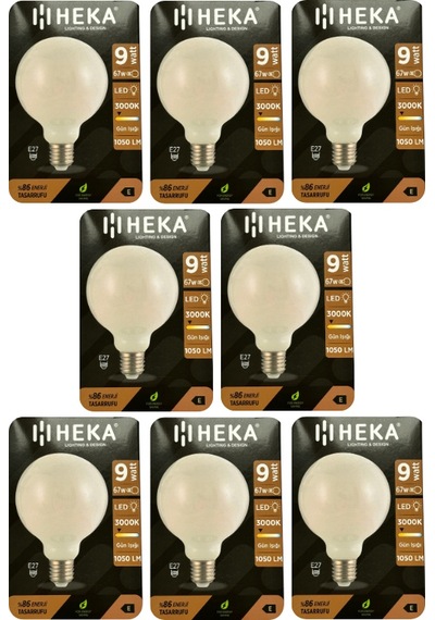 8 Adet Heka 9w 67w 3000k Sarı Işık E27 Duylu Kalın Duy Led Glop G95 Ampul Heka