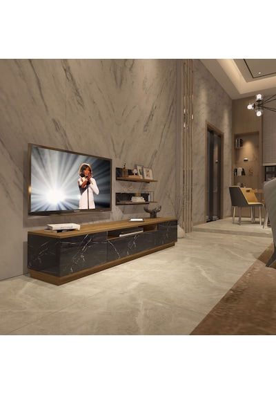 Decoraktiv Trio 4s Mdf Tv Ünitesi Tv Sehpası Pera - Siyah Mermer