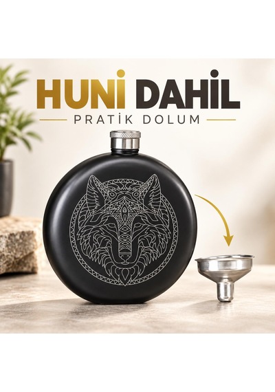 Kurt Desenli Paslanmaz Çelik İçki Matarası 240 Ml 8 Oz Cep Matarası Hunili Kamp Outdoor Erkek Hediye Siyah