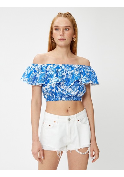 Koton Crop Bluz Madonna Yaka Fırfırlı Lacivert Desenli 3sak60181ew 3SAK60181EW7D1