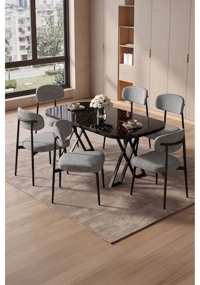Robii 90x168 Siyah Mermer Mdf Masa, Metal X Ayak, Metal Polo Sandalye, 6 Kişilik Mutfak Masası Takımı Ve Yemek Masası Takımı Gri Robii 90x168 Siyah Mermer Mdf Masa, Metal X Ayak, Metal Polo Sandalye, 6 Kişilik Mutfak Masası Takımı Ve Yemek Masası Takımı Gri