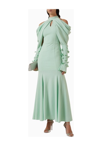 Ac By Aanchal Chanda Draped Off - Shoulder Omuz Açık Çiçek Aplikeli Maxi Kadın Elbise Açık Yeşil