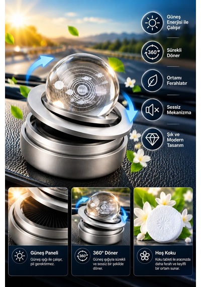 Güneş Enerjili 360 Dönen Kristal Küreli Araç Kokusu Ve Torpido Dekoratif Aksesuar Silver