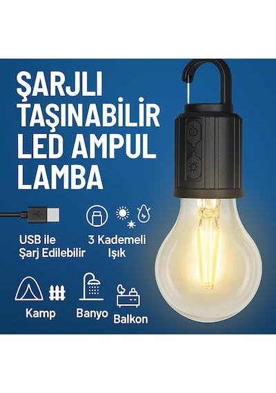 Şarjlı Taşınabilir Led Ampul Lamba Usb İle Şarj Edilebilir, 3 Kademeli Işık, Asma Kancalı &am