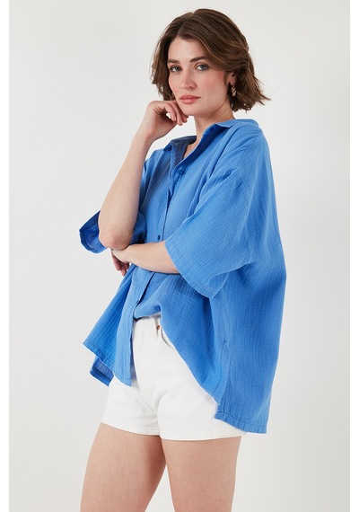 Lela Pamuklu Regular Fit Yırtmaçlı Kısa Kollu Bayan Gömlek Cf25S166965 Saks