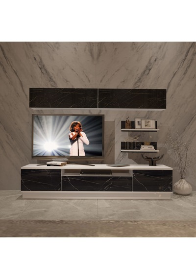 Decoraktiv Trendstyle 5s Mdf Tv Ünitesi Tv Sehpası Beyaz - Siyah Mermer