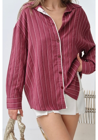 Paw Garage Kadın Monroe Dantel Işlemeli Yazlık Gömlek, Dokuma Modal Kumaş Oversize Gömlek Bordo Paw Garage Kadın Monroe Dantel Işlemeli Yazlık Gömlek, Dokuma Modal Kumaş Oversize Gömlek Bordo