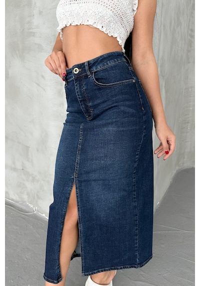 HLT Jeans Koyu Mavi Kadın Regular Fit Yüksek Bel Uzun Maxi Boy Denim Kot Etek Merry-4095 Koyu Mavi