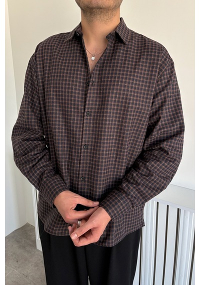 Erkek Oversize %100 Pamuk Ekose Gömlek Kahverengi