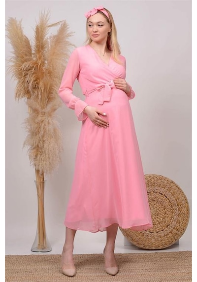 Dip Moda Kadın Beyaz Baby Shower Şifon Hamile Elbise Dphml003 Pudra