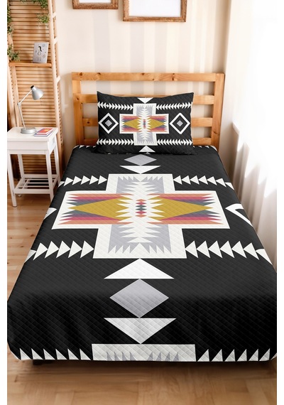 Siyah Etnik Geometrik Genç Odası Tek Kişilik Pike Takımı - Bohem Antrasit 160x220 Cm Yatak Örtüsü Şeffaf