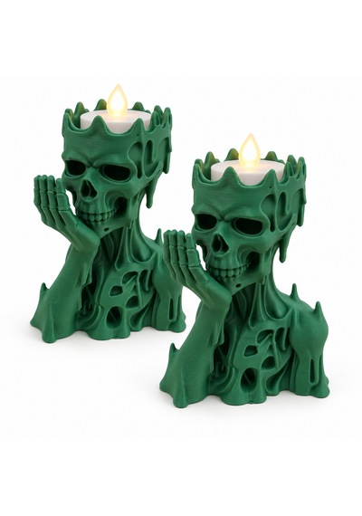 2 Adet Kurukafa Ve İskelet Figürlü Led Tealight Mumluk 11 X 7 Cm 3d Baskı Cadılar Bayramı Dekoru Yeşil