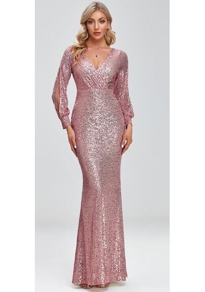 Hanife Glam Couture Hanife Glam Uzun Kollu Kruvaze Yaka Pullu Abiye Elbise Pembe
