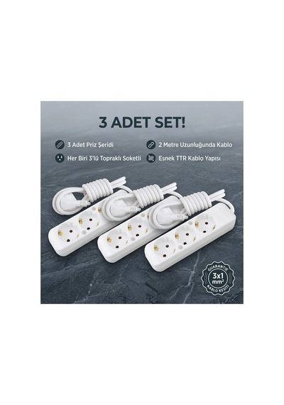 3 Adet--3,lü Topraklı Grup Priz 2 Metre Kablolu - 3 Adet Çoklu Priz Seti 3x1 Mm² Esnek Yumuşak Ttr Kablo Beyaz Uzatma Prizi Çoklu Priz 0