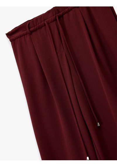 Koton Beli Bağcıklı Bağlamalı Cepli Düz Geniş Paça Kumaş Pantolon Bordo 6wak40188pw Bordo
