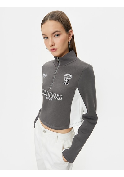 Koton Yarım Fermuarlı Sweatshirt Crop Dik Yaka Renk Bloklu Gri 4sal10520ık Gri
