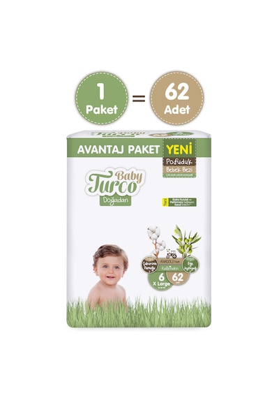 Baby Turco Doğadan Avantaj Paketi Pofuduk Bebek Bezi 6 Numara Xlarge 62 Adet