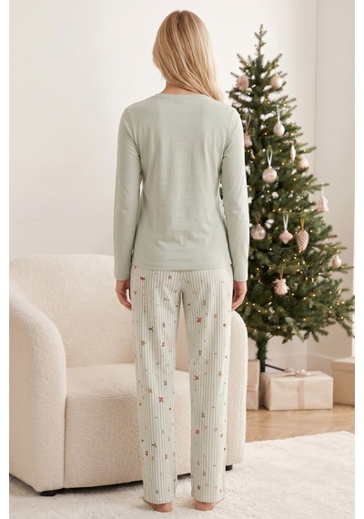 Siyah İnci Yılbaşı Temalı Pamuklu Likralı Örme Pijama Takım26241178 Yeşil