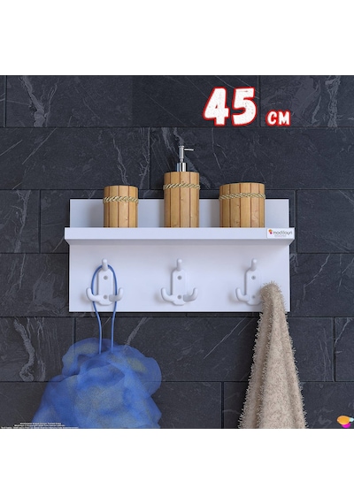 Modilayn Kedi Serisi 3 Lü Banyo Askısı Seti: 41,4x18 Cm, 9 Kancalı Raflı Düzenleyici, Yer Tasarrufu Beyaz