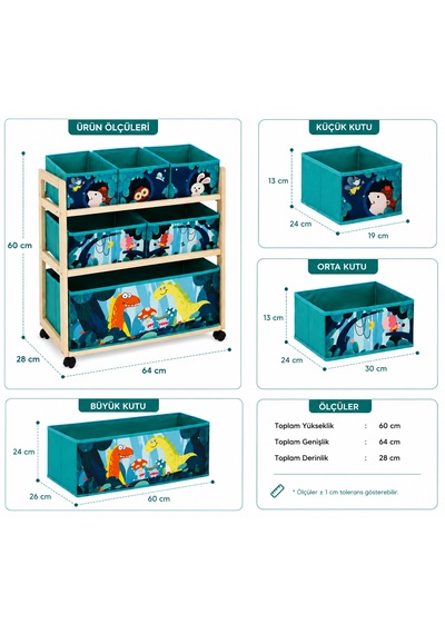 Pureza Çocuk Odası Oyuncak Düzenleyici Organizer 6 Sepetli, Ahşap Gövdeli, Tekerlekli Oyuncak Saklama Ünitesi Çok Renkli