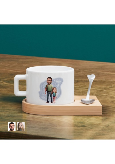 Bk Gift Kişiye Özel Baba Kız Karikatürlü-20, Ahşap Altlıklı Seramik Fincan, Babaya Hediye, Arkadaşa Hediye