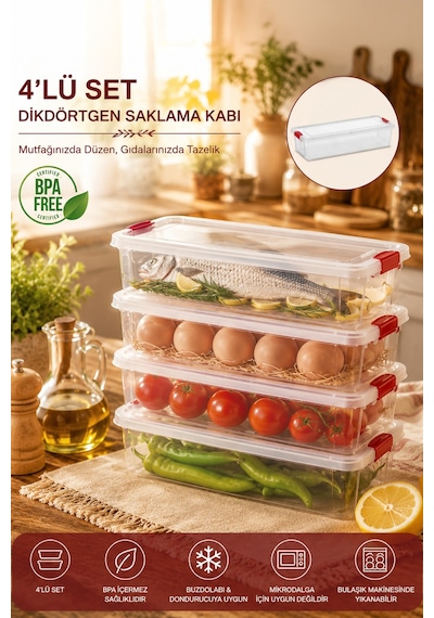 Porsima 456-4 4 Lü 3,4 Lt Kilitli Kapaklı Yiyecek Erzak Saklama Kabı Seti - Buzdolabı Düzenleyici Organizeri Şeffaf