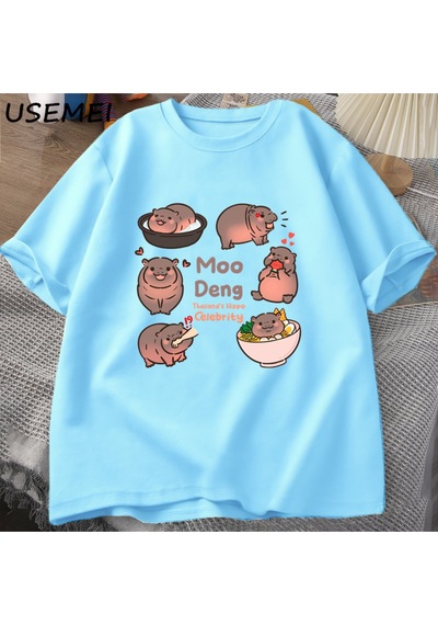 Flood Of Style Tayland Yılında Moo Deng Bouncy Domuz Bebek Hippo Khao Kheow Açık Hayvanat Bahçesi T-shirt Ko Mavi