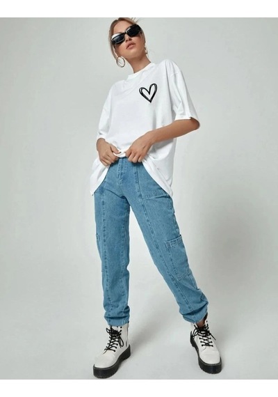 Primemagazam Kadın Tişört Bisiklet Yaka Baskılı Oversize T-shirt - Beyaz Çeşitli