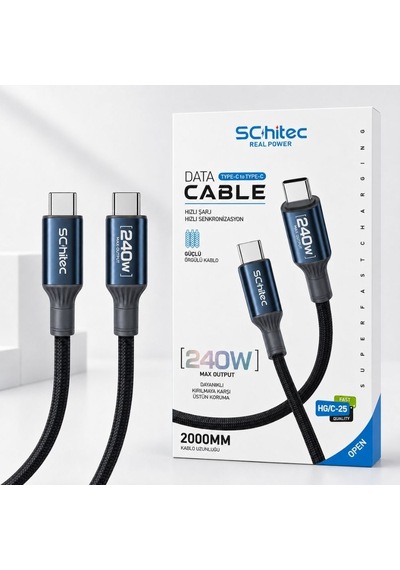 Schitec 240w Type-c To Type-c Süper Hızlı Data Ve Şarj Kablosu Siyah 2 Metre Hg/c-25