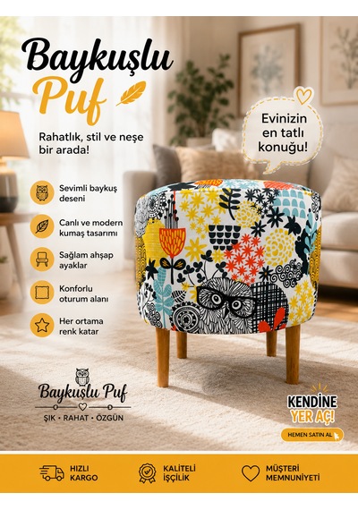 Diday Baykuş Puf Trend Puf Koltuk Puff Bench Dekoratif Bohem Doğal Gürgen Ayaklı Çok Amaçlı Bahçe Ev Balkon Çok Renkli