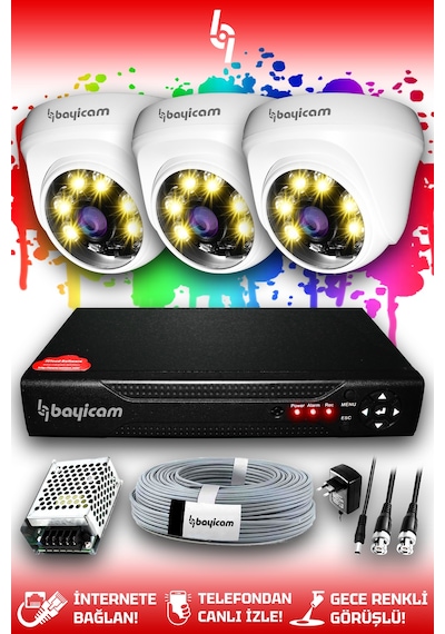 Bayicam 3 Kameralı Dome 3 İç Kamera Set HDD'siz Full HD Renkli Gece Görüşlü Güvenlik Kamerası Sistemi