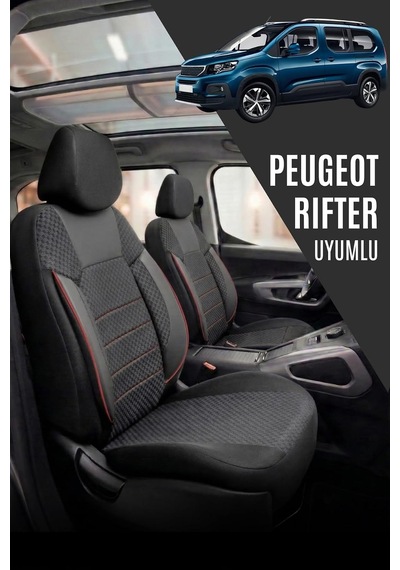 Peugeot Rifter İle Uyumlu Pamuklu Kumaş Araca Özel Oto Koltuk Kılıfı Tam Set Siyah Kırmızı